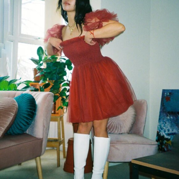 Beasha Studios Tulle Babydoll Wine Mini Dress with Puff Sleeves L - Picture 4 of 13